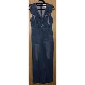 XS Women’s Sleeveless Denim Jumpsuit Wide Leg with Ruffle Trim By Mare Mare